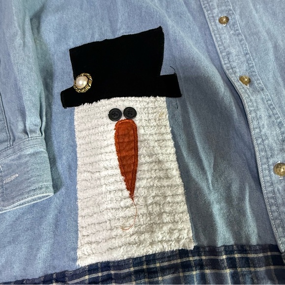 Allsport Denim Jean Shirt Size Large Longsleeve  Women Snowman Applique Granny - Picture 2 of 10